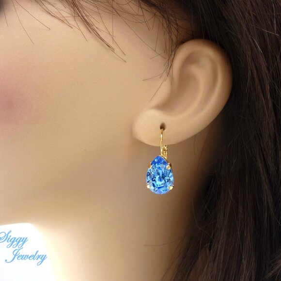 ICE Blue Sapphire Pear Shaped Earrings Made with Genuine Austrian Crystal - Picture 6 of 7